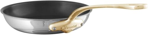 Mauviel M’Cook B 5-Ply Polished Stainless Steel Nonstick Round Frying Pan With Brass Handle, 10.2-in, Made In France