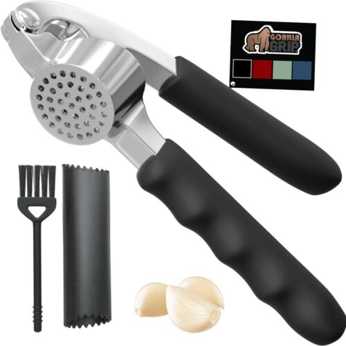GORILLA GRIP Garlic Press and Peel Set, Heavy Duty Mincer Tool, Easily Mince and Crush Garlics, Ginger, Nuts, Seeds, Large Ergonomic Handle, Peeler Included for Peeling Cloves, Kitchen Gadgets, Black