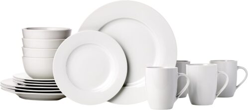 Amazon Basics 16-Piece Porcelain Kitchen Dinnerware Set with Plates, Bowls and Mugs, Service for 4 – White