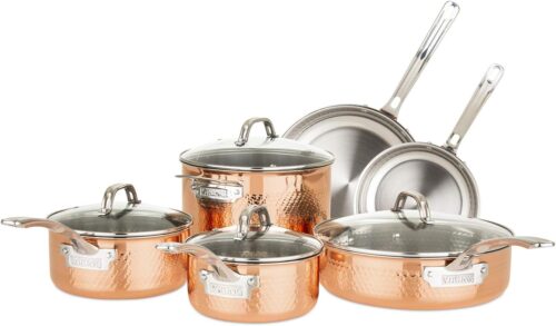 Viking 3-Ply Pots and Pans Set, 10 Piece Copper Kitchen Cookware with Glass Lids, Hammered Copper