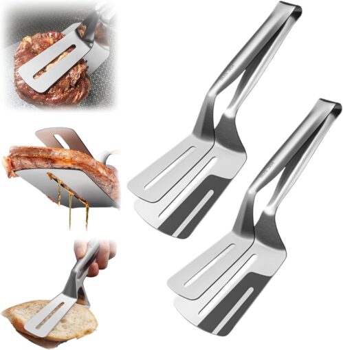 3-in-1 Stainless Steel Steak Shovel, 2025 Upgrade Double-Sided Spatula Cooking Tongs for Kitchen, Spatula Tongs Clip for Beefsteak Bread Hamburger BBQ Bread Fish, Steak Clamps (2)