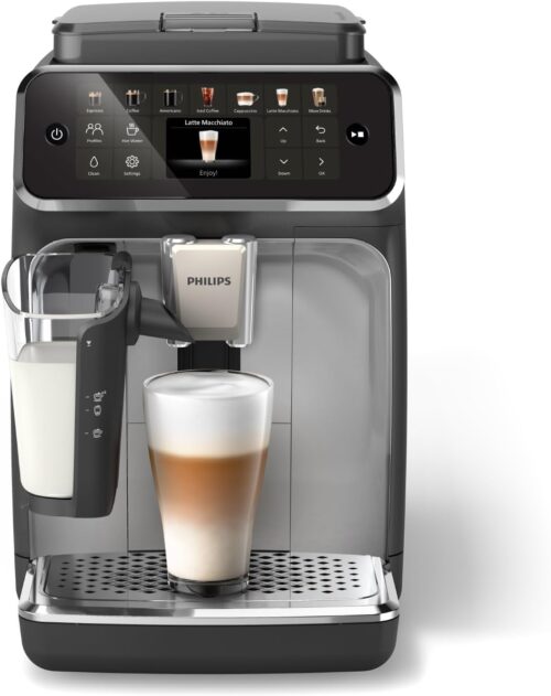 Philips 4400 Series Fully Automatic Espresso Machine – 12 Hot & Iced Coffees, Quick-to-Clean LatteGo Milk System, SilentBrew, QuickStart, Ceramic Grinder, Black Chrome (EP4444/90)