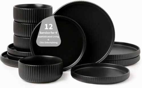 Plates and Bowls Sets for 4, 12 Piece Modern Stoneware Dinnerware Set, Reactive Glaze Dishes for Stylish Homes, Microwave & Dishwasher Safe, Perfect for Elegant Dining & Chic Entertaining