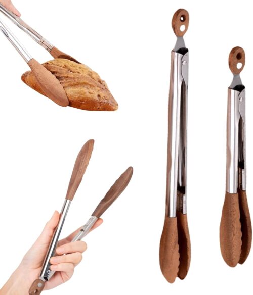Wooden Tongs for Cooking, 2025 Upgraded Wooden Tongs for Salad, Bakey, BBQ, Anti-Slip Long Handle Wood Salad Tongs with Hanging Hole, Food Tongs for Bread (9 Inch + 12 Inch)