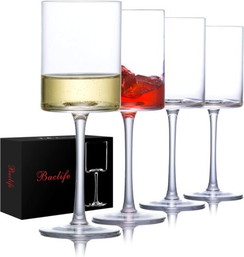 Wine Glasses Set of 4 – Hand Blown wine glass 15oz in Gift Packaging – Large White Wine Glass on Long Stem – Unique Modern Shape – For Wedding, Anniversary, Mother’s Day