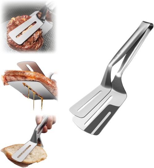 3-in-1 Stainless Steel Steak Shovel, 2025 Upgrade Double-Sided Spatula Cooking Tongs for Kitchen, Spatula Tongs Clip for Beefsteak Bread Hamburger BBQ Bread Fish, Steak Clamps (1)