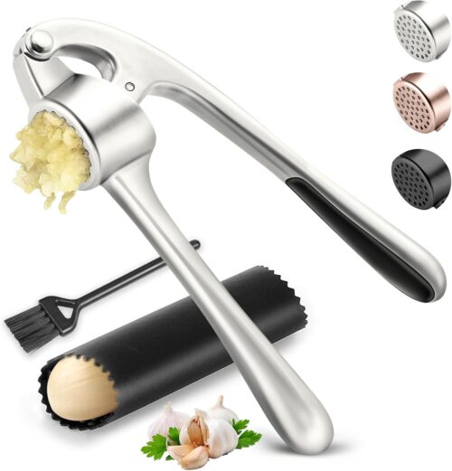 Kitchen Garlic Press Stainless Steel, Premium Rust Proof & Dishwasher Safe Garlic Mincer, Durable Garlic Crusher Set with Peeler＆Brush, Easy to Clean and Squeeze, Matte