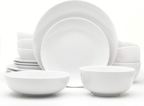 Euro Ceramica Essential Collection Porcelain Dinnerware and Serveware, 16 Piece Dinnerware Set, Service for 4, Classic White