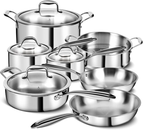 3 Ply Stainless Steel 11-Piece Cookware Set with Lids, Pots and Pans Kitchen Set, Non-Toxic, Induction, Oven, Dishwasher Safe, Professional Chef Quality