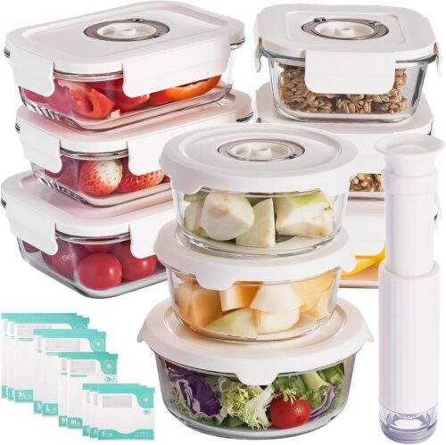 Glass Vacuum Sealable Container Set for Food Storage, 9 Pieces, 6 Sizes, with Hand Vacuum Pump and 10 Vacuum Sealable Bags