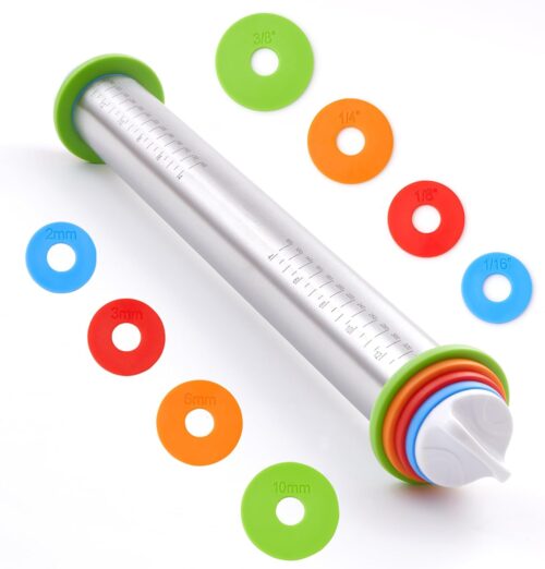 Rolling Pin with Thickness Rings, Fulimax 17″ Adjustable Stainless Steel Rolling Pins for Baking, Dough Roller for Fondant Pizza, Pie, Pasta, Cookies, Cakes, Kitchen Baking Supplies