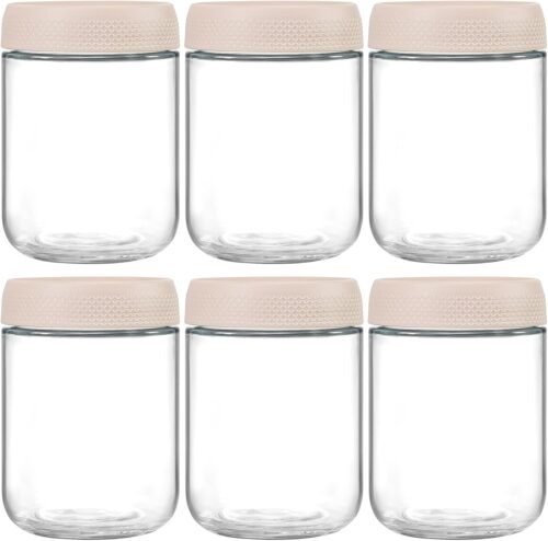 NETANY 6-pack 16oz Glass jars with Airtight Lids, Overnight Oats Containers with Lids, Wide mouth Mason Salad jars, Glass Food Storage Containers for Snacks Yogurt Spice Sugar-Beige