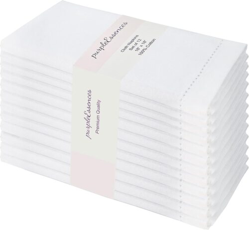 PurpleEssences Set of 12 Hemstitch Cloth Dinner Napkins 100% Cotton – Soft Durable Washable – Ideal for Wedding Spring Summer Easter – Perfect Everyday Use Table Linen 18×18 – White