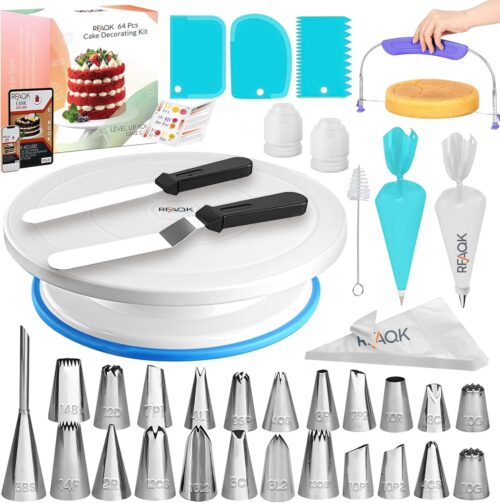 RFAQK 64 PCs Cake Decorating Kit for Beginners Includes Video Course, Booklet + Baking Supplies Gift – Cake Stand, Leveler, 24 Numbered Piping Tips, Straight & Offset Spatula, & Scraper sets