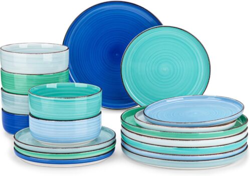 vancasso Bonita Dinnerware Sets 18 Pieces, Blue Stoneware Dishes Set for 6, Plates Set and Bowls Set, Dishwasher and Microwave Safe