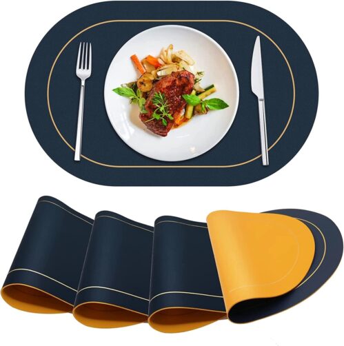 ANUNU Faux Leather Placemats Set of 4 – Double-Sided Color Oval Design Dining Table Mats Waterproof Heat Resistant Indoor Outdoor Home Decor Kitchen Table Placemats Navy Blue + Yellow