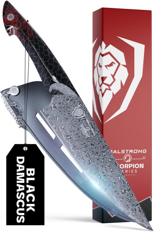 Dalstrong Chef Knife – 9.5” Scorpion Series – Exclusive Japanese V12 Ultra Steel – Black Damascus Chef Knife – Black & Red Honeycomb Resin Handle -Scorpion Kitchen Knives w/Chef Knife Sheath