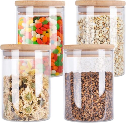4 Pack Glass Storage Jars with Airtight Bamboo Lid, 27 OZ Glass Kitchen Canisters, Clear Container for Coffee Bean Storage, Dry Goods, Cookie, Candy, Tea, Spices and More