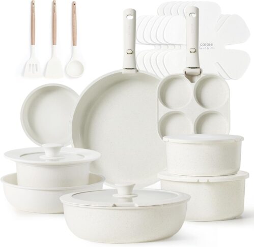 CAROTE 23pcs Pots and Pans Set Non Stick, Cookware Sets, Kitchen Set, Oven/Dishwasher/Fridge Safe, Space Saving Pots Set, Nonstick Set with Versatile Detachable Handle, Induction RV Set, Cream