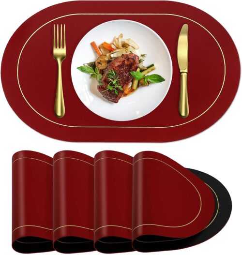 ANUNU Faux Leather Placemats Set of 4 – Double-Sided Color Oval Design Dining Table Mats Waterproof Washable Heat Resistant Indoor Outdoor Home Decor Kitchen Table Placemats Wine Red + Black