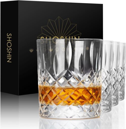 SHOSHIN Premium Hand Cut Whiskey Glasses (13 OZ, Set of 4) – Handmade Double Old Fashioned Scotch Glasses – Gift for Bourbon Lovers – Style Glassware for Rum – 4 Rocks glasses in Gift Box