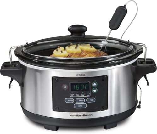 Hamilton Beach Portable 6 Quart Set & Forget Digital Programmable Slow Cooker with Lid Lock, Temperature Probe, Dishwasher Safe Crock & Lid, Stainless Steel (33969A)