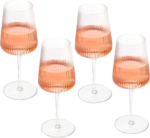 Crutello Modern Wine Glasses 17 oz Glassware, Set of 4, Unique Fluted Glassware with Vintage Ripple Texture, Art Deco Red or White Wine Fancy Glasses