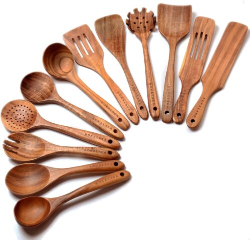 Wooden Spoons for Cooking,12 Pack Wooden Utensils for Cooking Wooden Kitchen Utensils Set Wooden Cooking Utensils Natural Teak Wooden Spatulas for Cooking
