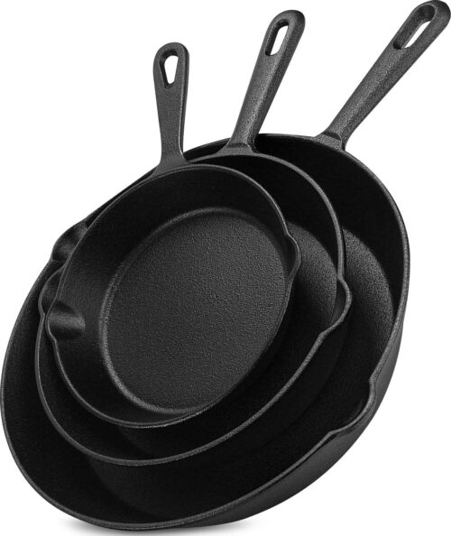 Utopia Kitchen Saute Frying Pan 3 Piece Set, Cast Iron Chefs Pan, Pre Seasoned Cast iron Skillets, 6, 8 & 10 Inches, Easy Use in the Oven, Stove, Grill, or Campfire, Black