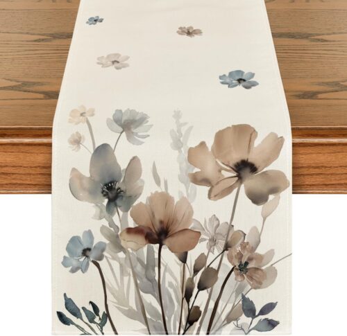 Artoid Mode Brown Poppy Floral Leaves Spring Table Runner, Seasonal Summer Kitchen Dining Table Decoration for Home Party Decor 13×72 Inch
