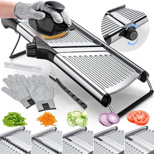 Gramercy Adjustable Mandoline Food Slicer, Mandoline Slicer for Kitchen, Mandolin, Potato, Tomato, Carrot, Vegetable, Fruit and Onion Cutter – Stainless Steel – INCLUDING 1 Pair Cut-Resistant Gloves