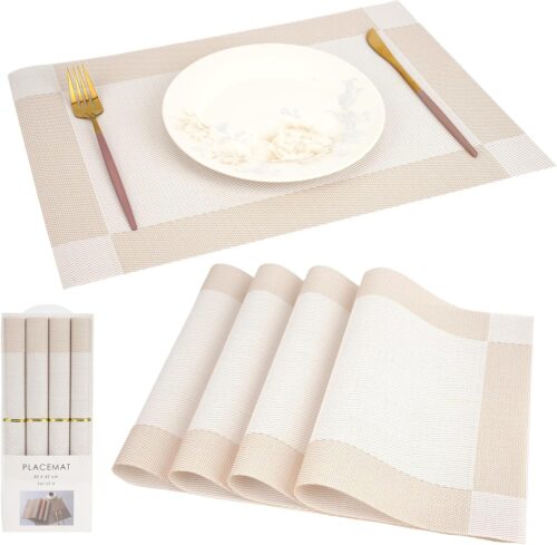 Placemats Set of 4 – Stylish PVC Vinyl Table Mats, Non-Slip Woven Table Mats for Modern Home Decor, Heat-Resistant Beige
