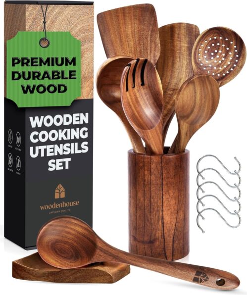 Wooden Spoons for Cooking, Wooden Cooking Utensils Set, Wooden Utensil Set with Holder, Spoon Rest & Hooks, Teak Wood Nonstick Kitchen Cookware – 8-piece set of wooden utensils with 6 metal hooks