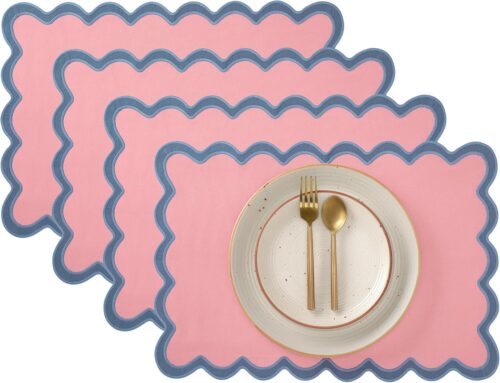 Folkulture Easter Placemats Set of 4| 100% Cotton Easter’ Place Mats| Heat Resistant Woven Table Mats for Easters Kitchen Decor| Scalloped Easters’ Place Mats for Easter’s Party (Blush, 13″ x 19″)