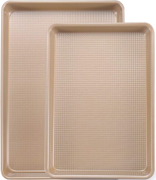 Cookie Sheet Baking Pan Set, Professional Baking Sheets for Oven, Nonstick Quarter/Jelly Roll Pans with Diamond Textured, Heavy Duty Cooking Trays, 9x13in,10x15in, 2 Pack, Gold