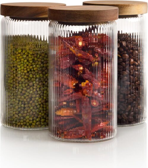 Mason & Fable Ribbed Glass Jars with Wooden Lid 27 fl oz- Set of 3 | Airtight Fluted Storage Container for Pasta, Coffee, Candy, Dog Treats, Snacks | Glass Organization Canisters for Home & Kitchen