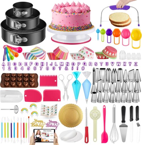 Kootek 700pcs Cake Decorating Kit with Baking Supplies, Cake Decorating Supplies with Springform Pans, Cake Turntable, Piping Tips, Pastry Bags, and More Baking Tools for Cake Making and Decorating