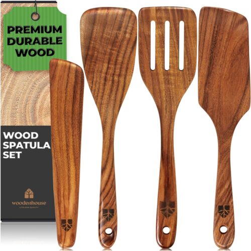 Wooden Spatula for Cooking, Teak Spatulas for Kitchen Use – Wooden Cooking Utensils Set of 4 including Paddle, Turner, Slotted Spurtle and Wood Scraper. Nonstick cookware.
