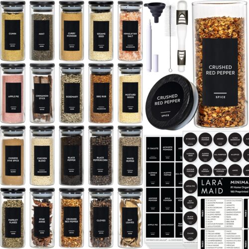 Laramaid 4oz 20Pack Spice Jars with Black Vinyl Spice Labels, Round Jar Canisters with Black Bamboo Lids, Adjustable Measuring Spoon, White Pen, Cleaning Brush & Collapsible Silicone Funnel